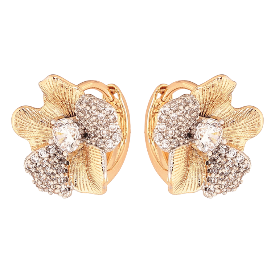 Серьги Xuping цвет позолота 18K + родий колечки цветочки с инкрустацией кристаллами фото №1