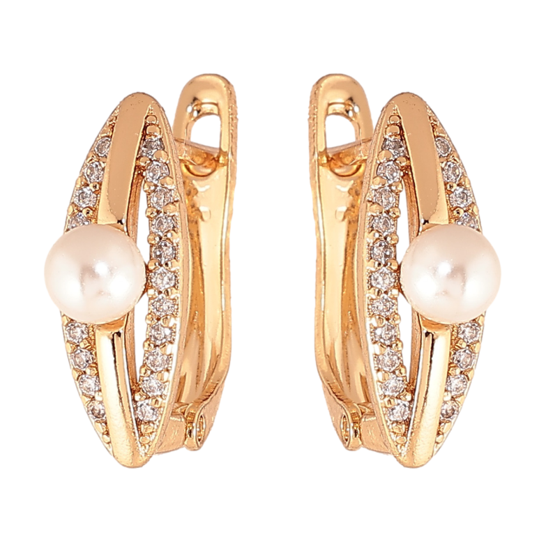 Сережки Xuping колір позолота 18K англійський замок візерунок з кристалами та перлинами фото №1