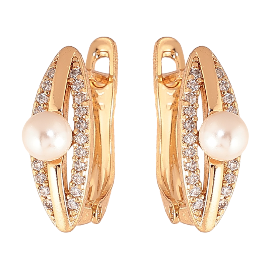 Сережки Xuping колір позолота 18K англійський замок візерунок з кристалами та перлинами фото №1