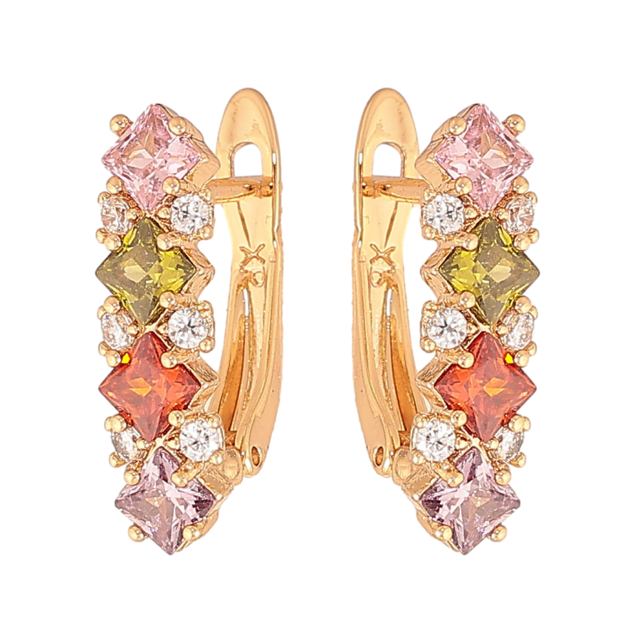 Сережки Xuping колір позолота 18K англійський замок візерунок з різнокольоровими кристалами фото №1