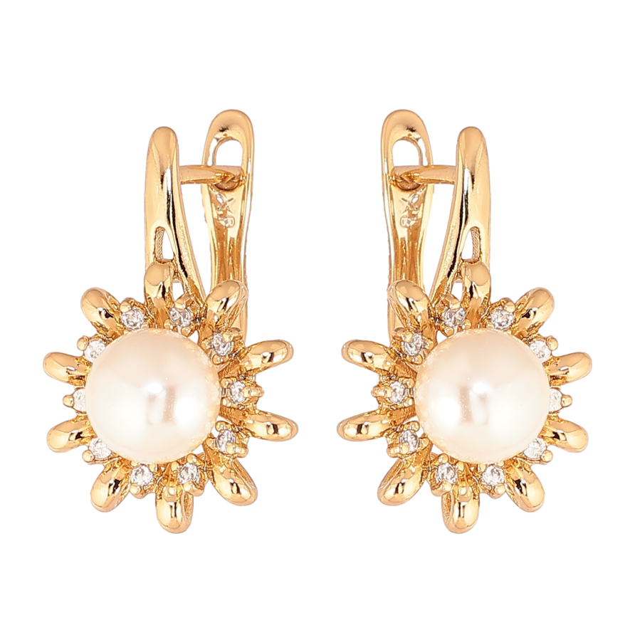 Серьги Xuping цвет позолота 18K английский замок цветочки с кристаллами и жемчужинами фото №1