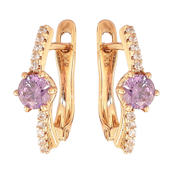 Серьги Xuping цвет позолота 18K английский замок узор с сиреневыми кристаллами фото №7