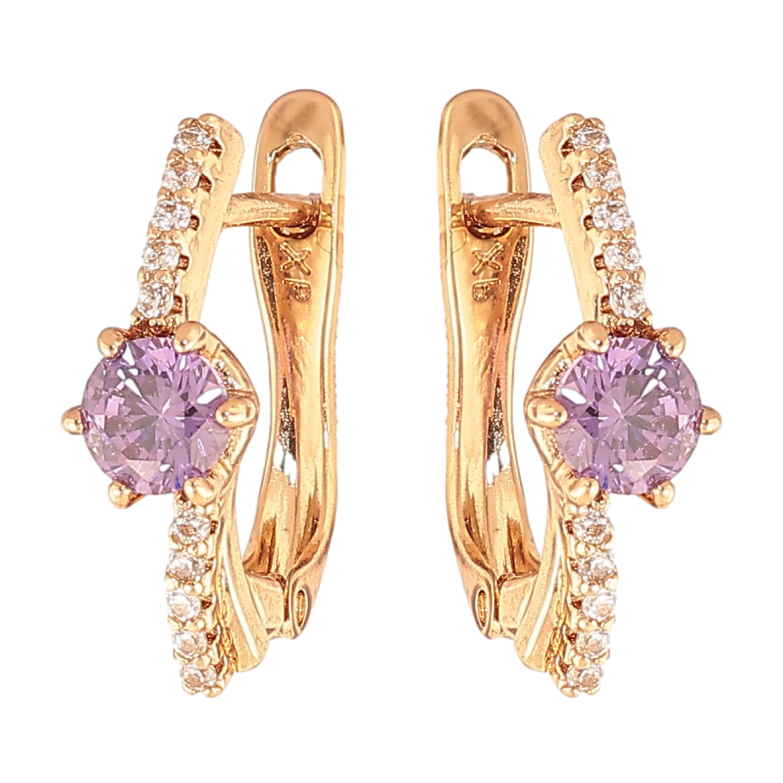 Серьги Xuping цвет позолота 18K английский замок узор с сиреневыми кристаллами фото №1