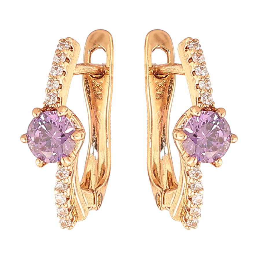 Серьги Xuping цвет позолота 18K английский замок узор с сиреневыми кристаллами фото №1