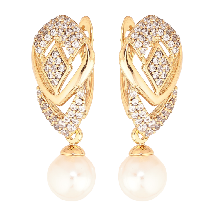 Серьги Xuping цвет позолота 18K английский замок узор с кристаллами и жемчужинами фото №7