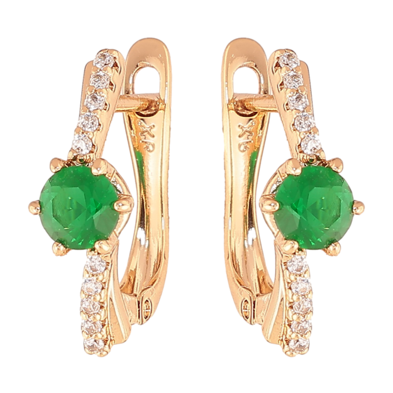 Сережки Xuping колір позолота 18K англійський замок візерунок з зеленими кристалами фото №1
