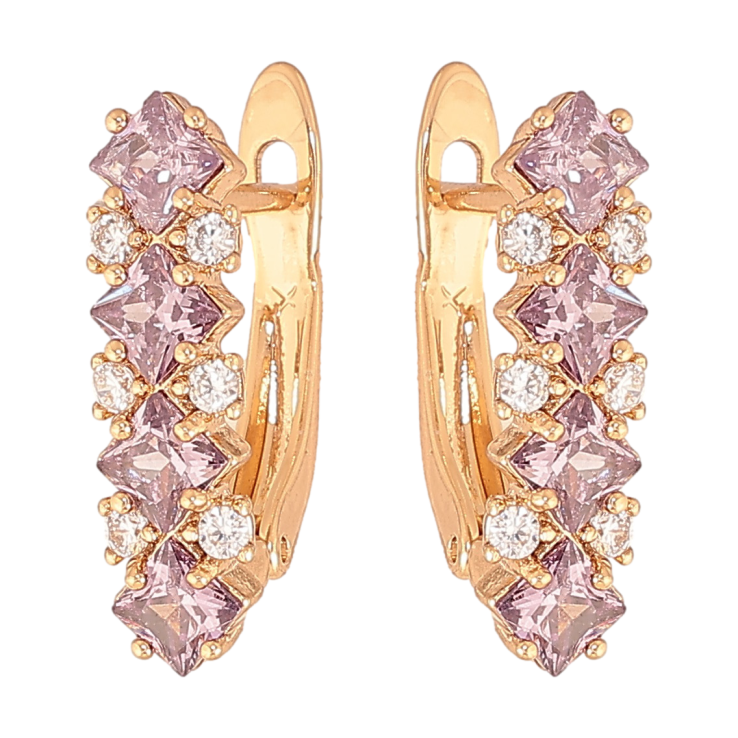 Серьги Xuping цвет позолота 18K английский замок узор с сиреневыми кристаллами фото №16