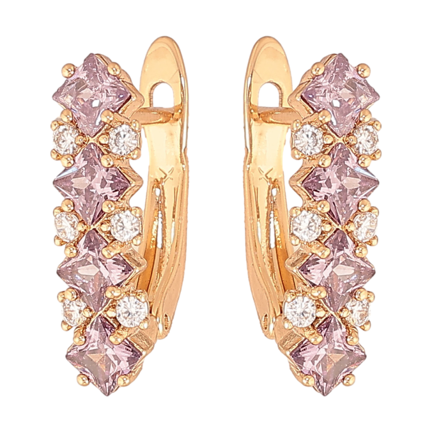 Серьги Xuping цвет позолота 18K английский замок узор с сиреневыми кристаллами фото №1