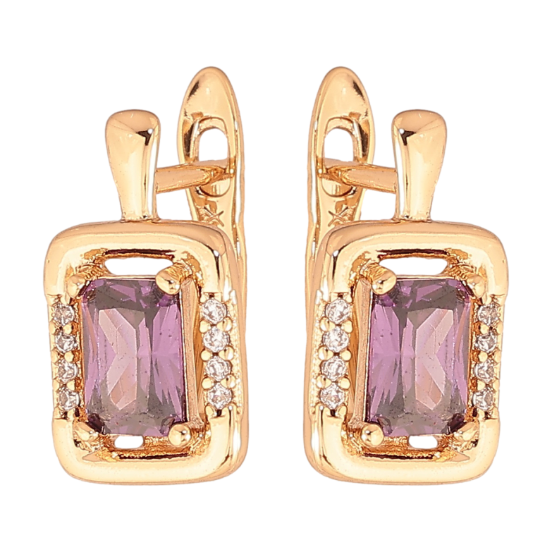 Сережки Xuping колір позолота 18K англійський замок візерунок з бузковими кристалами фото №1
