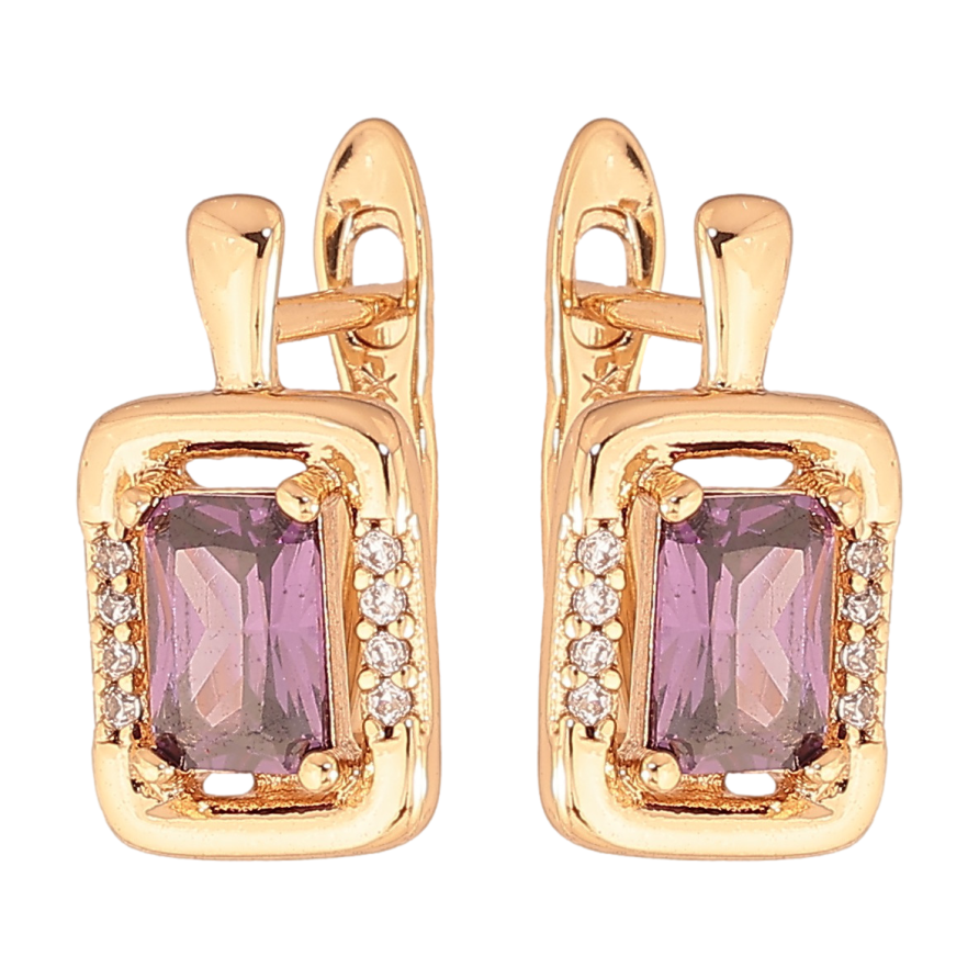 Серьги Xuping цвет позолота 18K английский замок узор с сиреневыми кристаллами фото №1