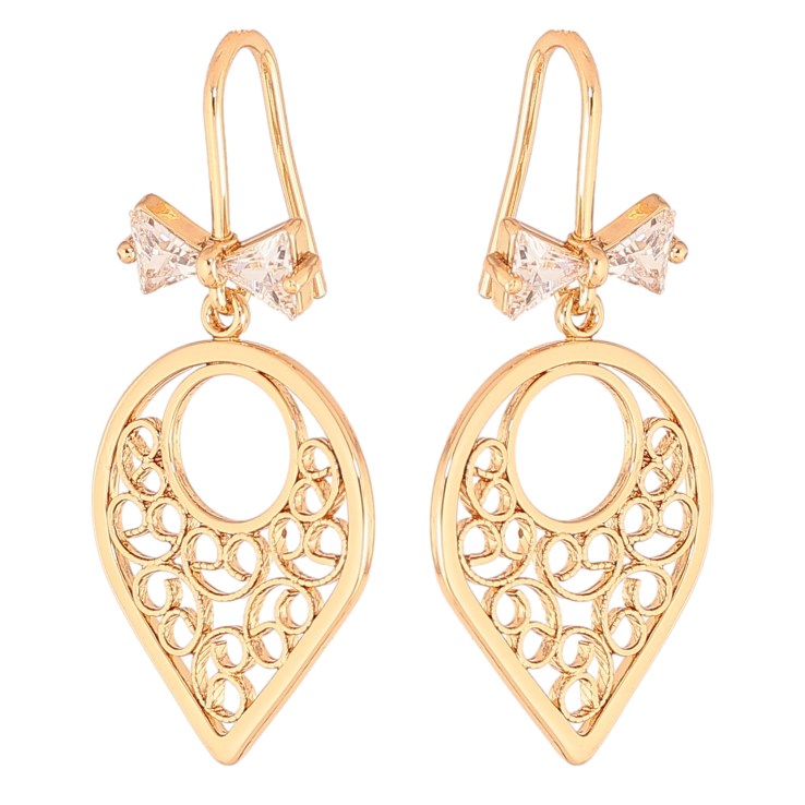 Сережки Xuping колір позолота 18K французький замок різьблені підвіски з кристальними бантами фото №4 Сережки Xuping колір позолота 18K французький замок різьблені підвіски з кристальними бантами фото №4