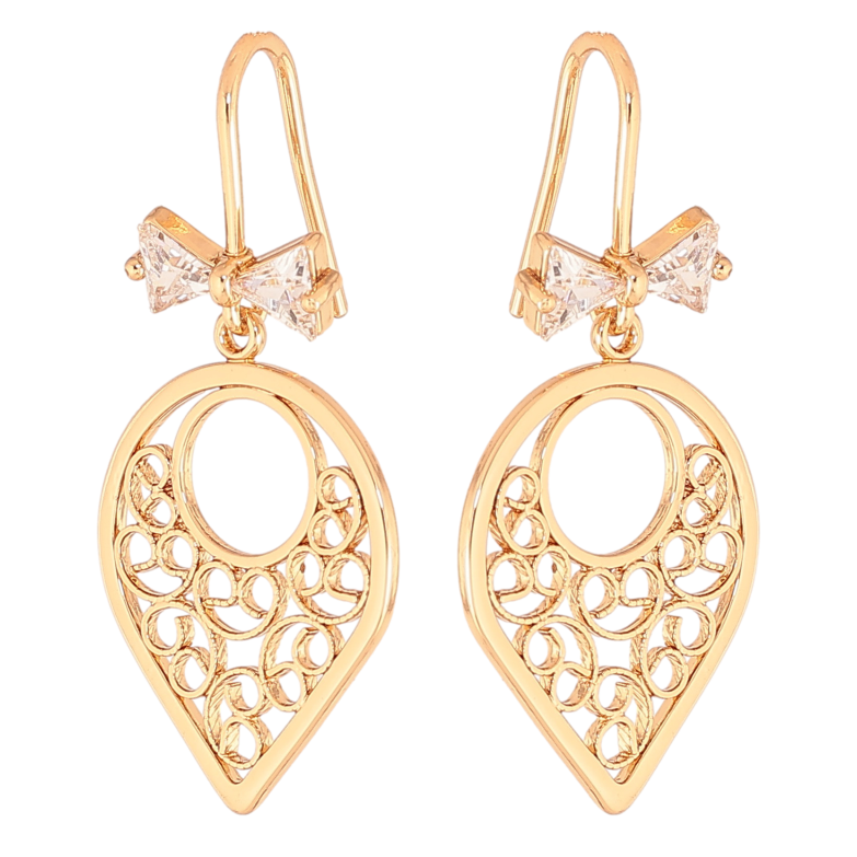 Сережки Xuping колір позолота 18K французький замок різьблені підвіски з кристальними бантами фото №3 Сережки Xuping колір позолота 18K французький замок різьблені підвіски з кристальними бантами фото №3
