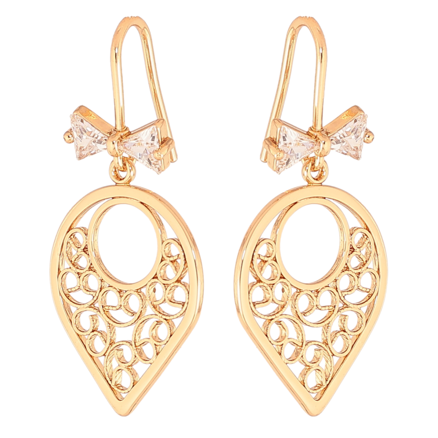 Сережки Xuping колір позолота 18K французький замок різьблені підвіски з кристальними бантами фото №1 Сережки Xuping колір позолота 18K французький замок різьблені підвіски з кристальними бантами фото №1
