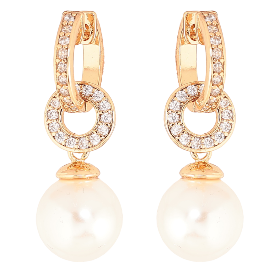 Сережки Xuping колір позолота 18K підвіски на колечках перлини на кришталевих кільцях 2 в 1 фото №1