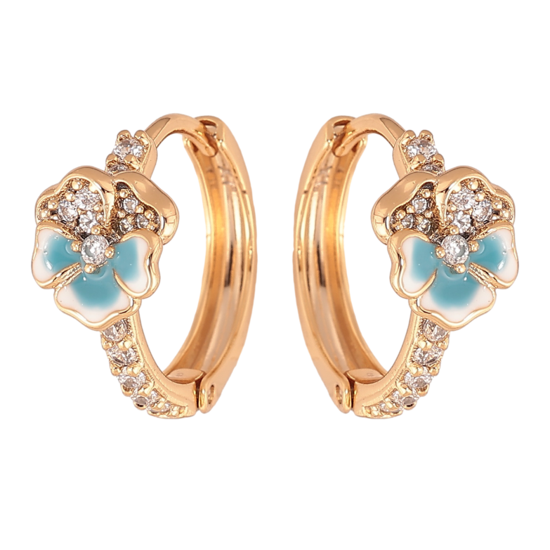 Серьги Xuping цвет позолота 18К колечки голубые цветочки с эмалью и кристаллами фото №2
