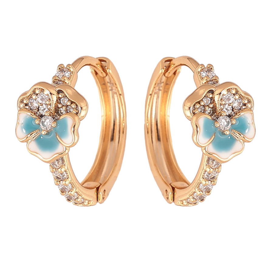 Сережки Xuping колір позолота 18К колечка блакитні квіточки з емаллю та кристалами фото №1