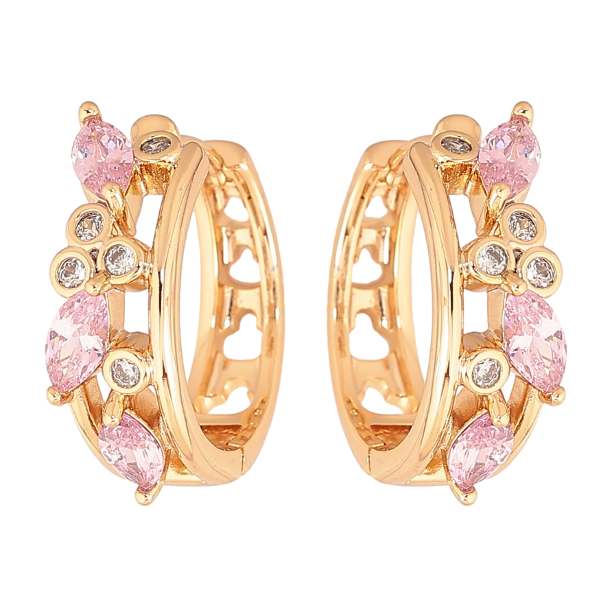 Сережки Xuping колір позолота 18К колечка декоративний візерунок з рожевими кристалами фото №1