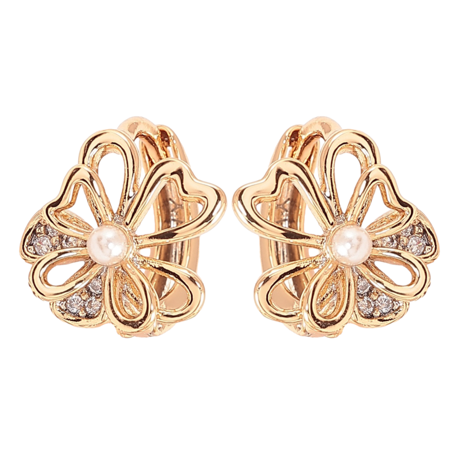 Серьги Xuping цвет позолота 18К колечки цветочки с жемчужинками и кристаллами фото №1