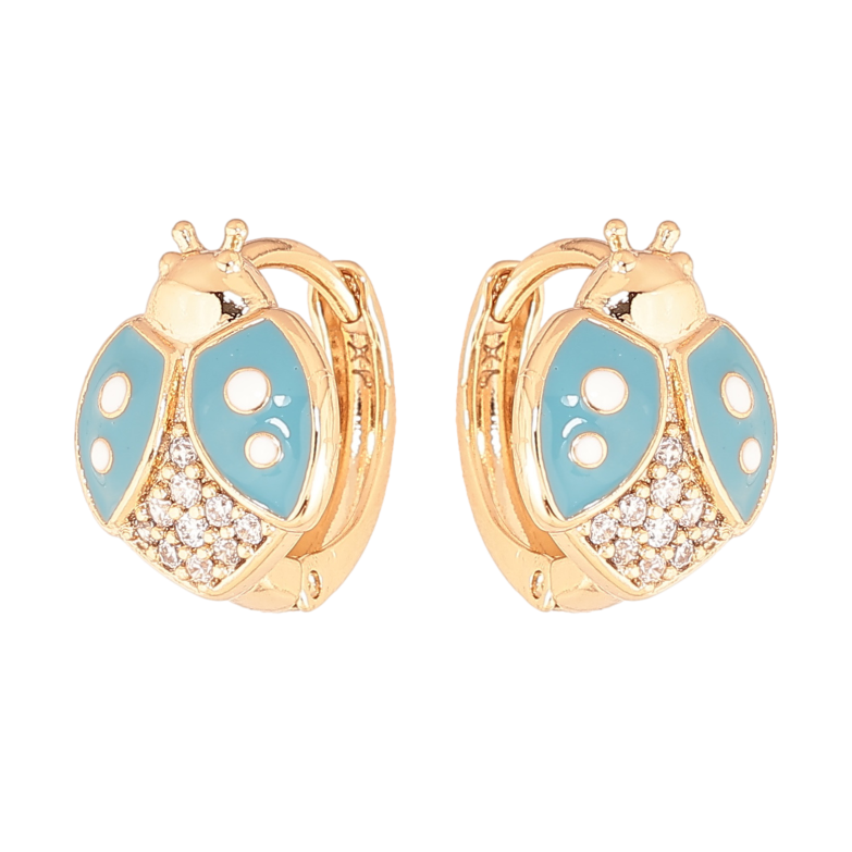 Серьги Xuping цвет позолота 18К колечки божьи коровки с голубой эмалью и кристаллами фото №1