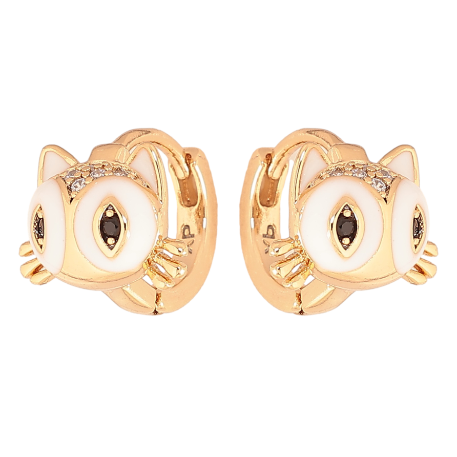 Сережки Xuping колір позолота 18К колечка котики з білою емаллю та кристалами фото №1