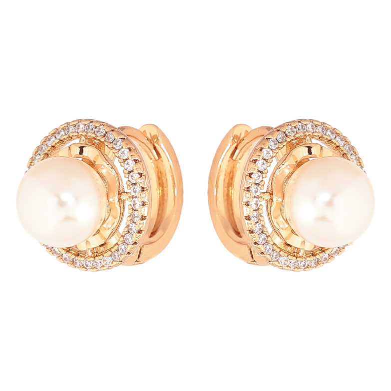 Сережки Xuping колір позолота 18К колечка перлини в обрамленні кристалів фото №5