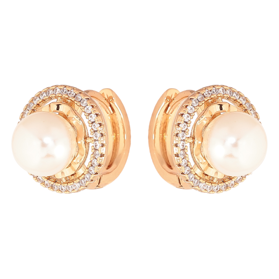 Серьги Xuping цвет позолота 18К колечки жемчужины в обрамлении кристаллов фото №1