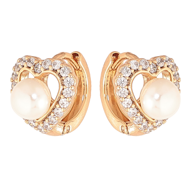 Серьги Xuping цвет позолота 18К колечки сердечки с кристаллами и жемчужинами фото №4