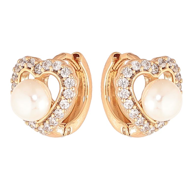 Серьги Xuping цвет позолота 18К колечки сердечки с кристаллами и жемчужинами фото №1