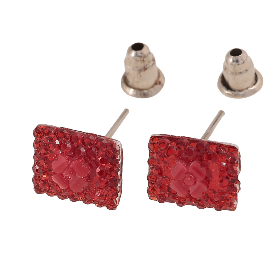 Серьги пусеты "Красные прямоугольники со стразами" 7х9мм фото №1