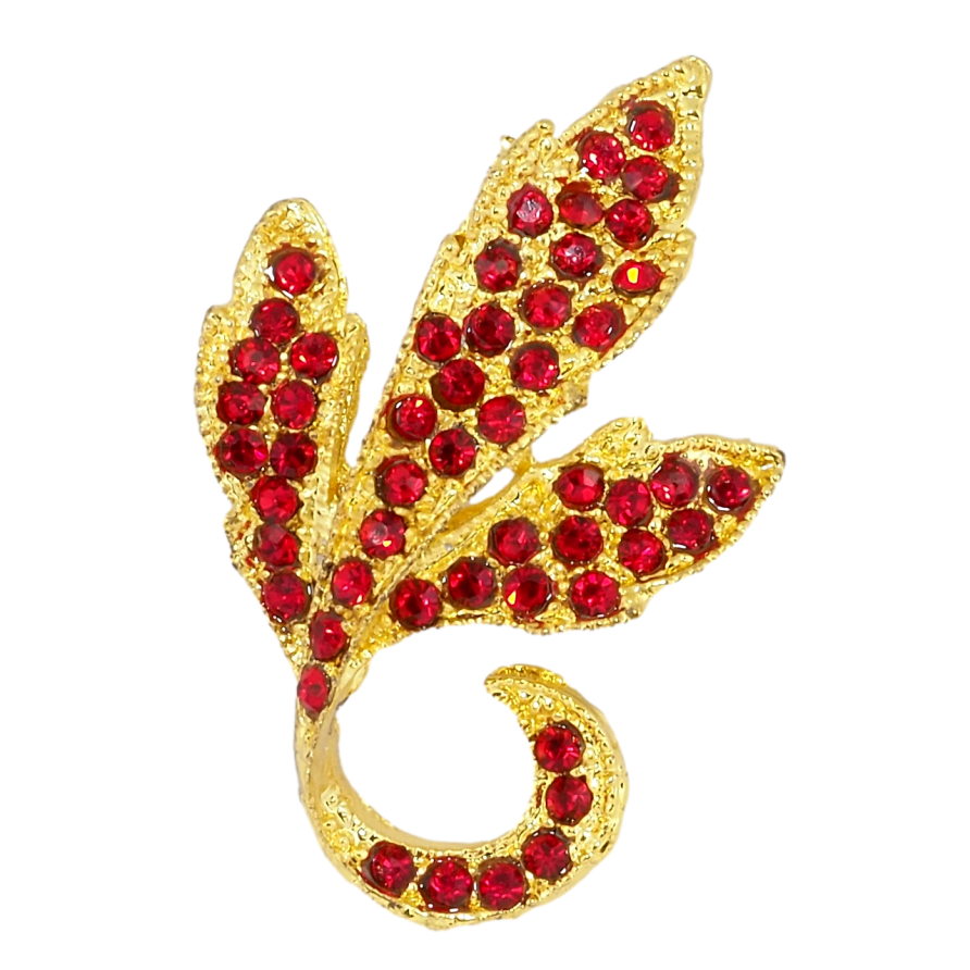 Брошка Листочок з червоними стразами фото №1