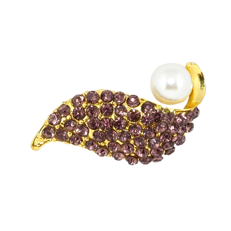 Брошка Листочок з бордовими стразами та перлиною фото №14