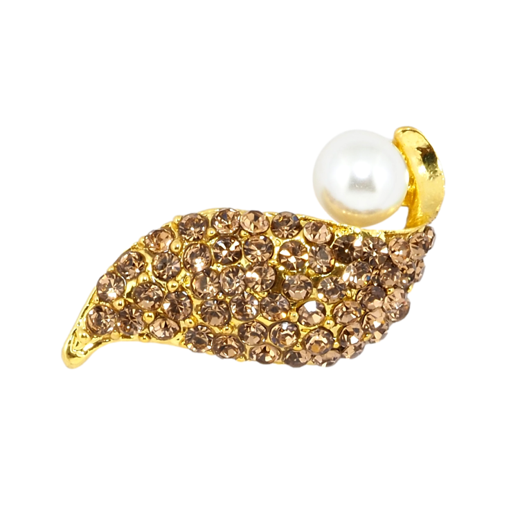 Брошка Листочок з коричневими стразами та перлиною фото №13