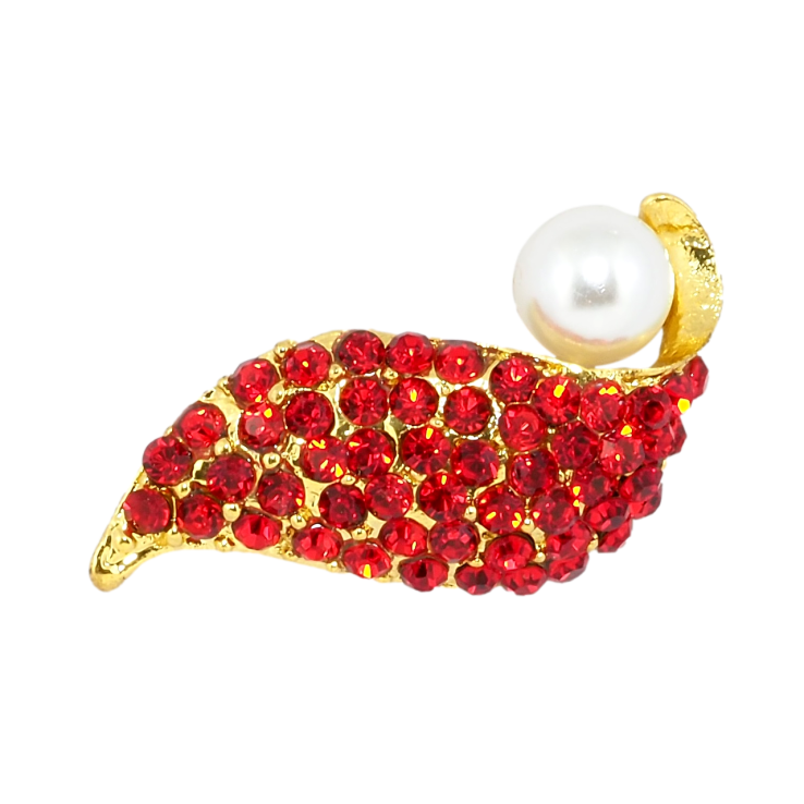 Брошка Листочок з червоними стразами та перлиною фото №11