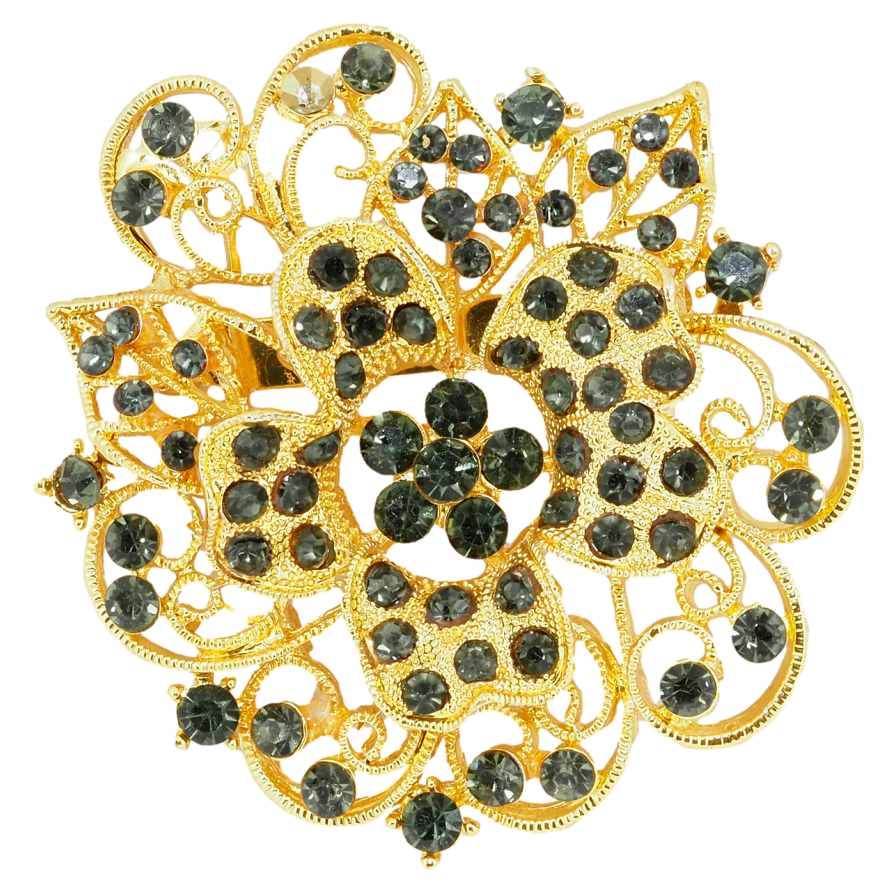 Брошь Цветок с черными стразами фото №1