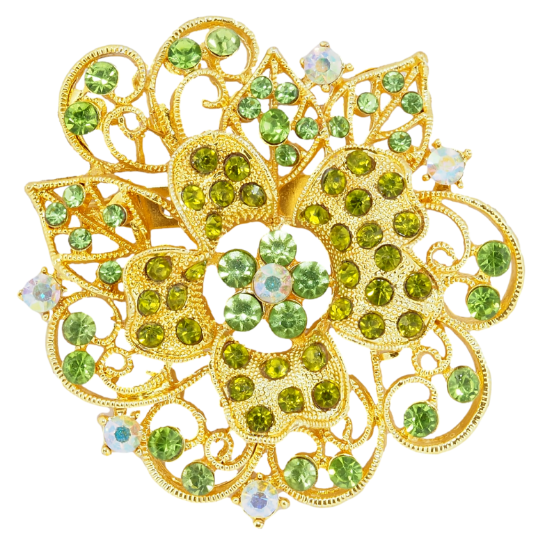 Брошка Квітка з зеленими стразами фото №2