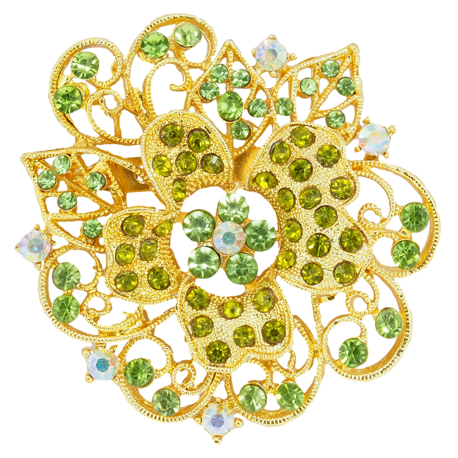 Брошь Цветок с зелеными стразами фото №1