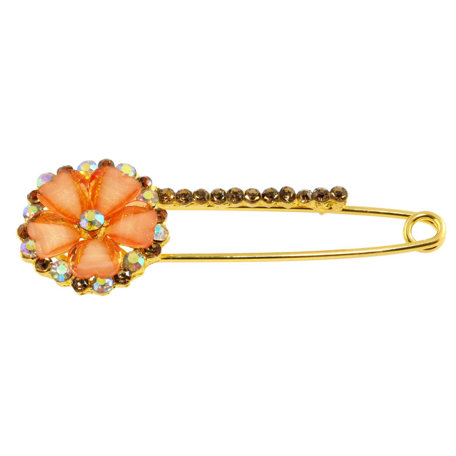 Брошка-шпилька Квітка з помаранчево-коричневими стразами фото №1