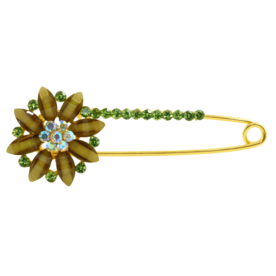 Брошь-булавка Цветок с зелеными стразами фото №1