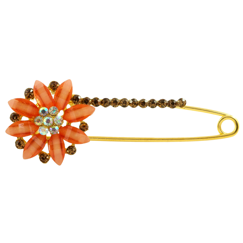 Брошка-шпилька Квітка з помаранчево-коричневими стразами фото №1