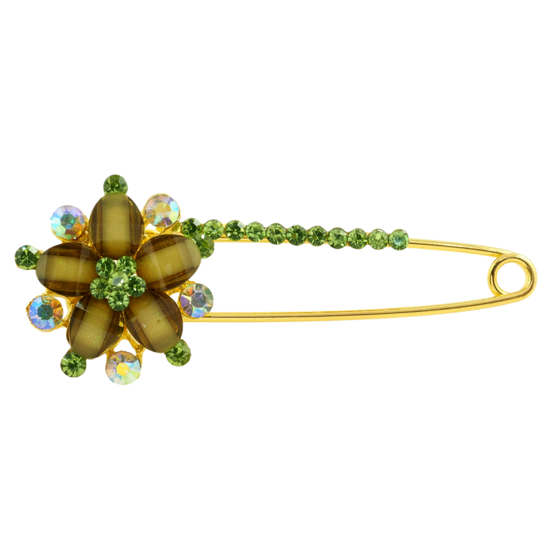 Брошка-шпилька Квітка із зеленими стразами фото №6