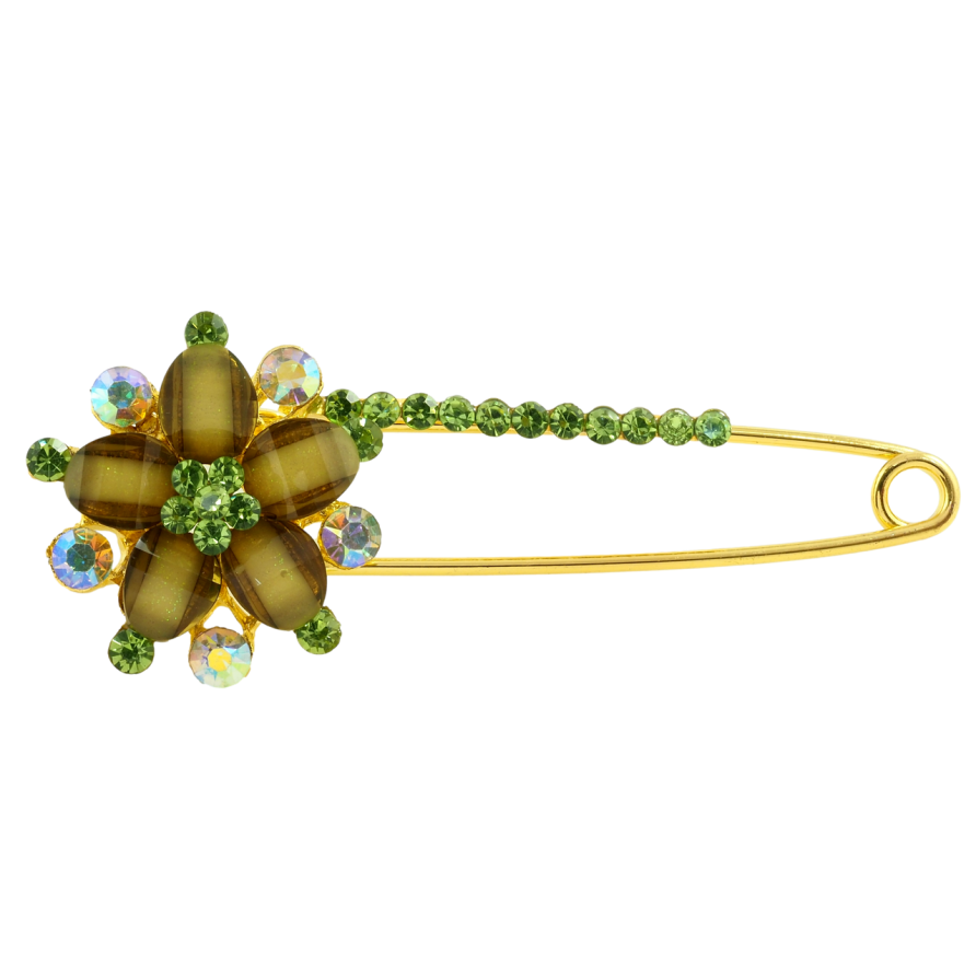 Брошка-шпилька Квітка із зеленими стразами фото №1