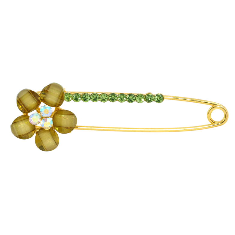 Брошь-булавка Цветок с зелеными стразами фото №1