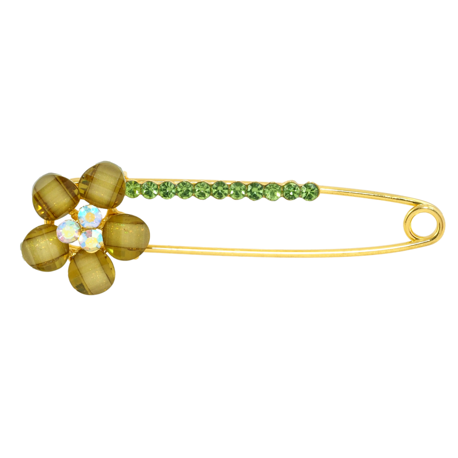 Брошка-шпилька Квітка із зеленими стразами фото №1