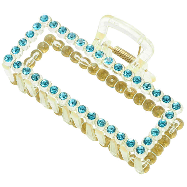 Краб пластиковый Прозрачный прямоугольник с бирюзовыми стразами длина 9.4см фото №1