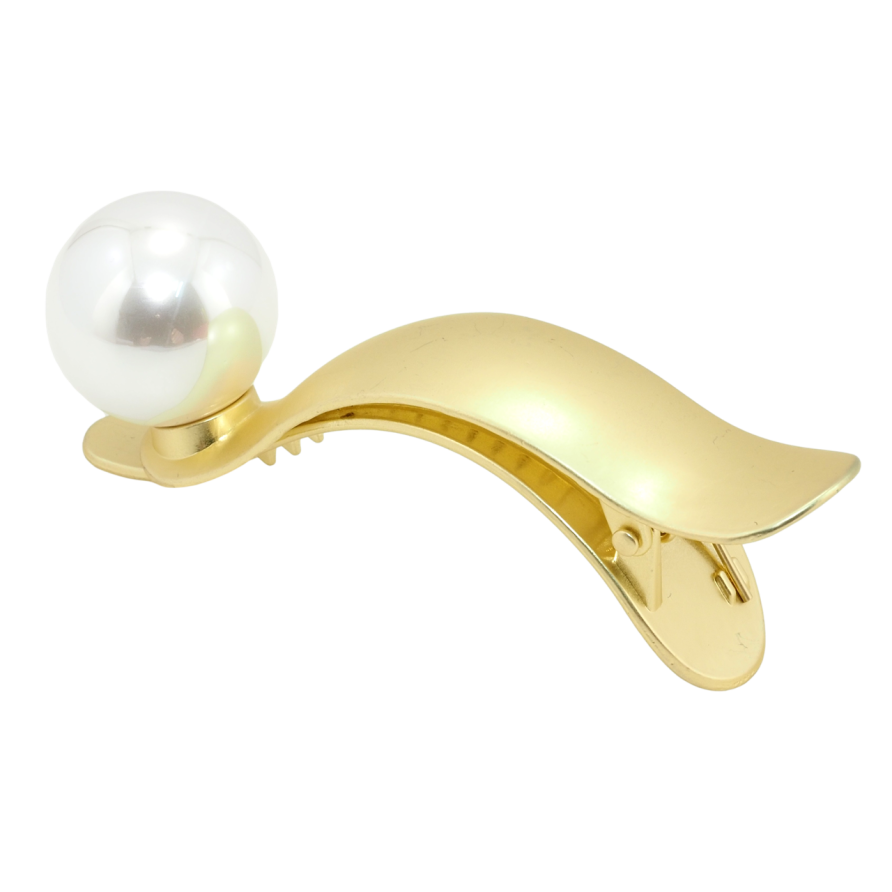 Заколка-затискач Золотиста з великою перлиною довжина 9.5см, ø 24мм фото №1