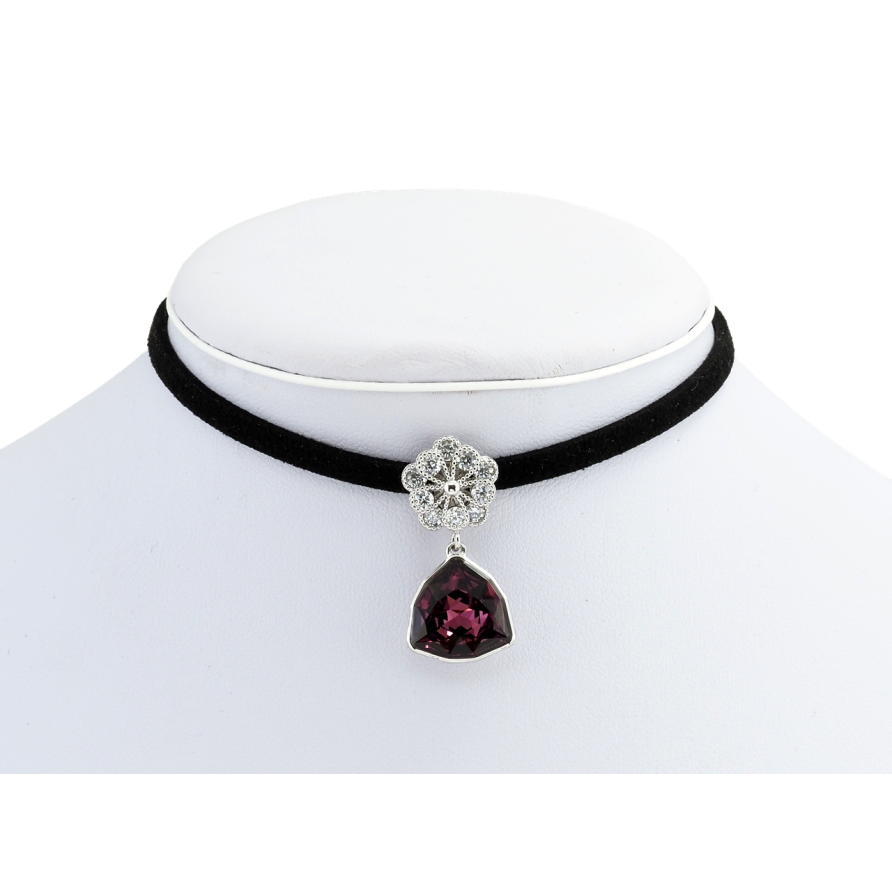 Кулон Xuping колір Родій з кр-ми Swarovski на чорній стрічці Квітка з кристальною підвіскою довжина 31,5-36,5см фото №1