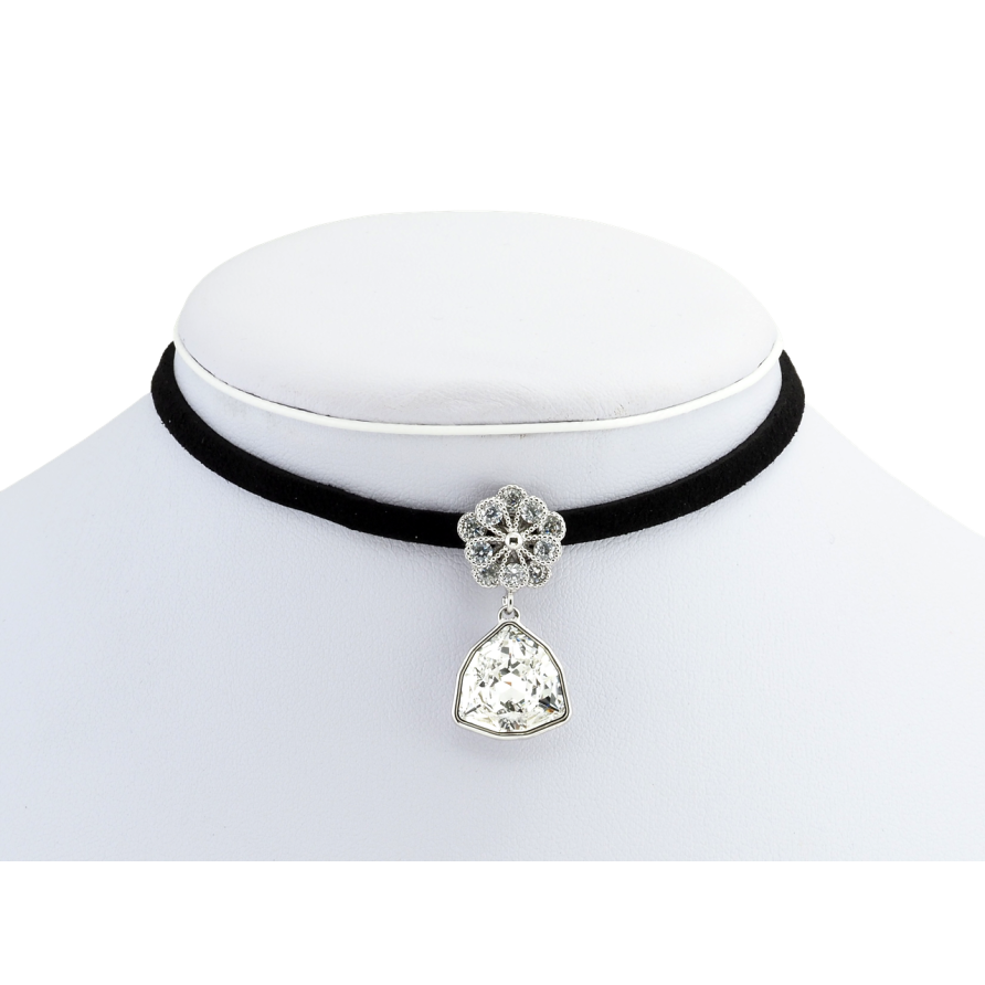 Кулон Xuping колір Родій з кр-ми Swarovski на чорній стрічці Квітка з кристальною підвіскою довжина 30,5-36см фото №1