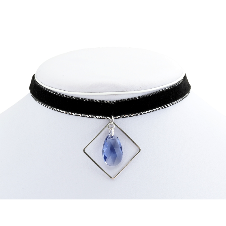 Кулон Xuping колір Родій із кр-ми Swarovski на чокері Кристал Light Sapphire в ромбі дл. 30-39см х 9мм фото №1 Кулон Xuping колір Родій із кр-ми Swarovski на чокері Кристал Light Sapphire в ромбі дл. 30-39см х 9мм фото №1