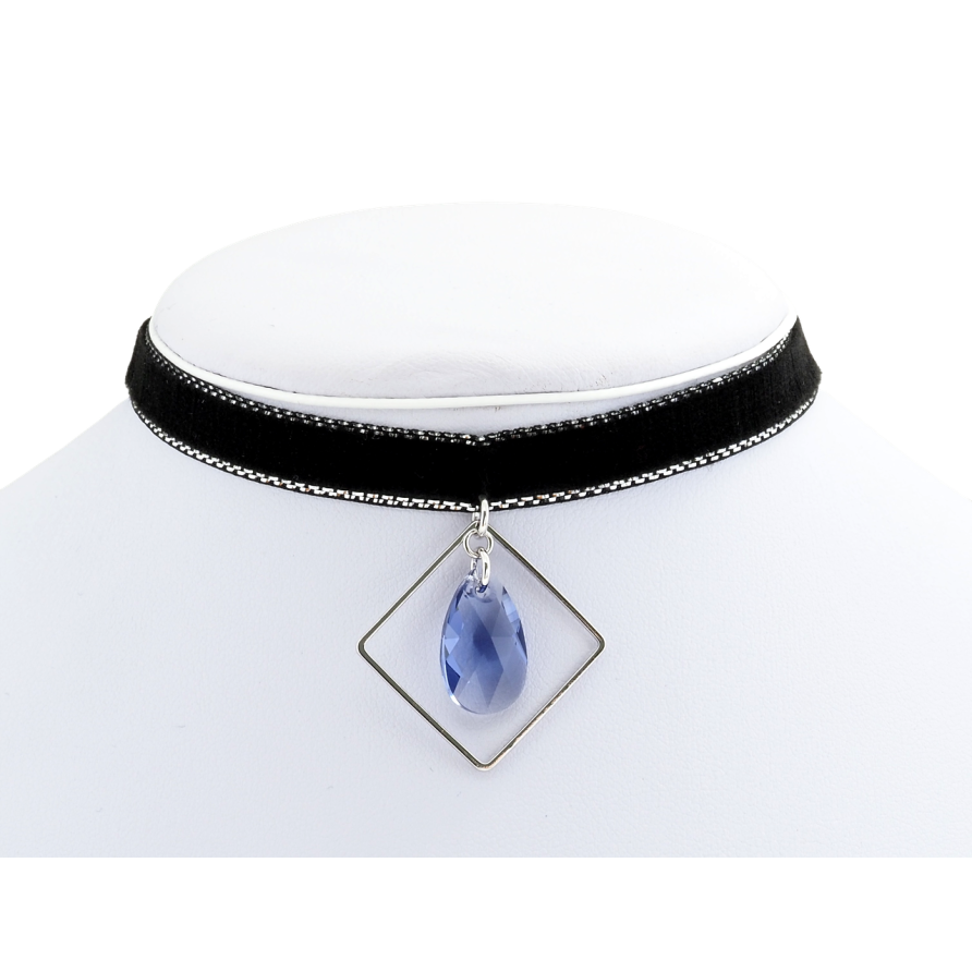 Кулон Xuping колір Родій із кр-ми Swarovski на чокері Кристал Light Sapphire в ромбі дл. 30-39см х 9мм фото №1 Кулон Xuping колір Родій із кр-ми Swarovski на чокері Кристал Light Sapphire в ромбі дл. 30-39см х 9мм фото №1