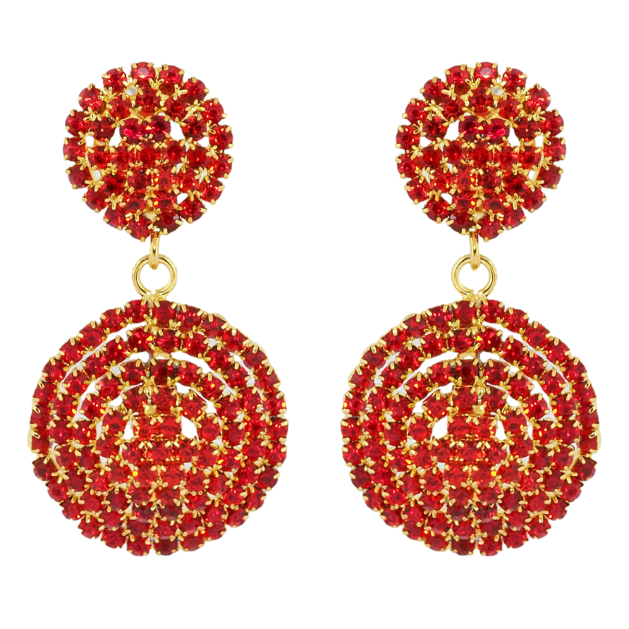 Сережки пусети Декоративні круглі підвіски з червоними стразами фото №1